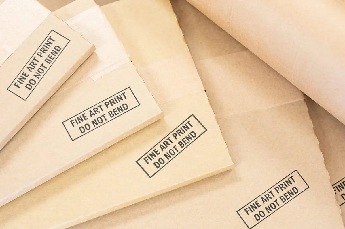 Unbranded kraft mailers stamped Fine Art Print - Do Not Bend, packed and ready to post